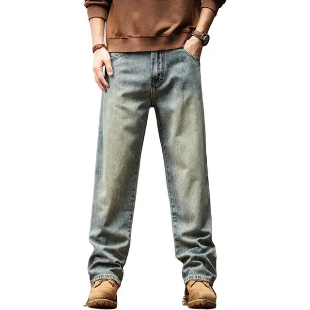 格蓝鹿 日常通勤复古直筒简约薄款水洗牛仔裤 男女同款 蓝色