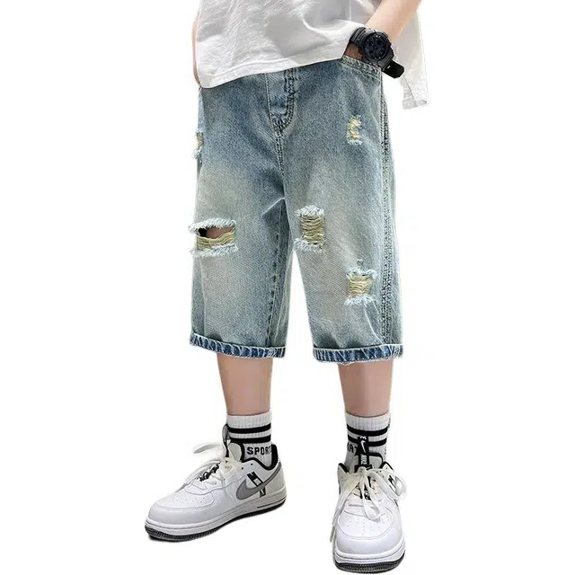 棉致 美式复古简约破洞透气百搭休闲七分牛仔裤 大童 蓝色