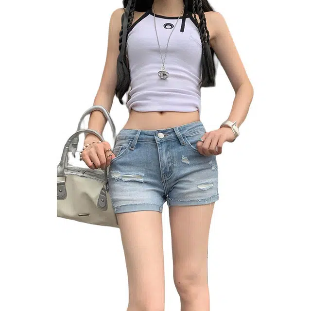 淑好百 美式复古低腰辣妹破洞翻边显瘦包臀裤女百搭修身弹力牛仔短裤女裤 女款
