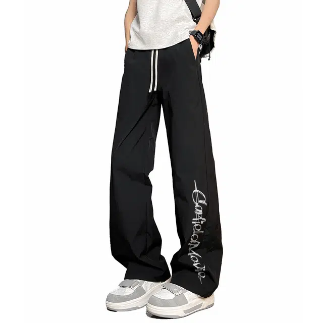 加菲猫家族 美式高街纯色品牌字母抽绳中腰系带简约卫裤宽松阔腿直筒显高显瘦百搭垂感阔腿拖地学院风痞帅时尚休闲裤 男女同款