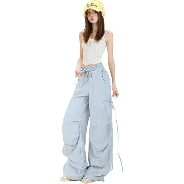 玫丝朵 美式蝴蝶结绑带设计感百搭宽松褶皱阔腿休闲裤 女款