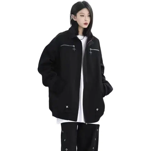 玉儿恋 百搭美式纯色四角星宽松落肩翻领拉链长袖夹克外套 女款