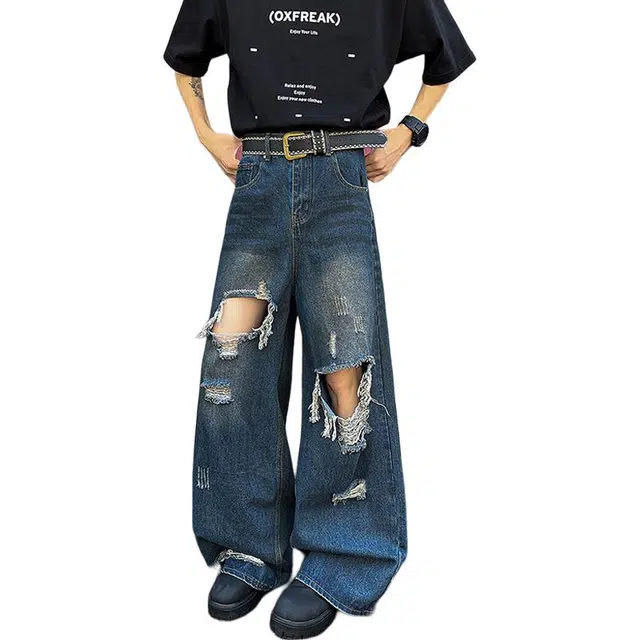 佐菲利 美式高街复古做旧破洞毛边设计拖地小众宽松百搭阔腿牛仔裤 男女同款