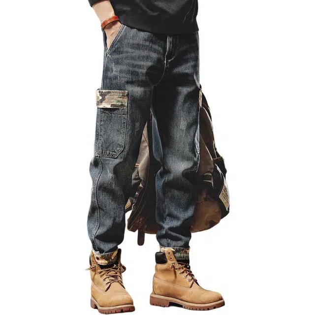 格蓝鹿 春季 设计感宽松直筒高街休闲裤美式复古牛仔裤 男女同款