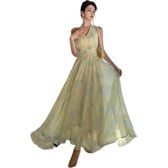 黛尔佳人 夏季法式茶歇裙系带晕染油画印花裙吊带连衣裙  女款