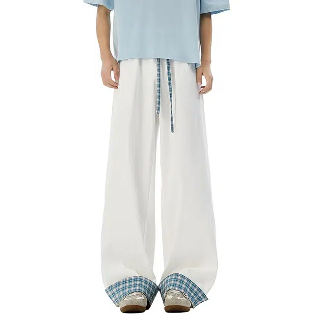 佐菲利 美式拼接格纹潮牌设计感显瘦阔腿裤夏季宽松百搭直筒长裤休闲裤 男女同款