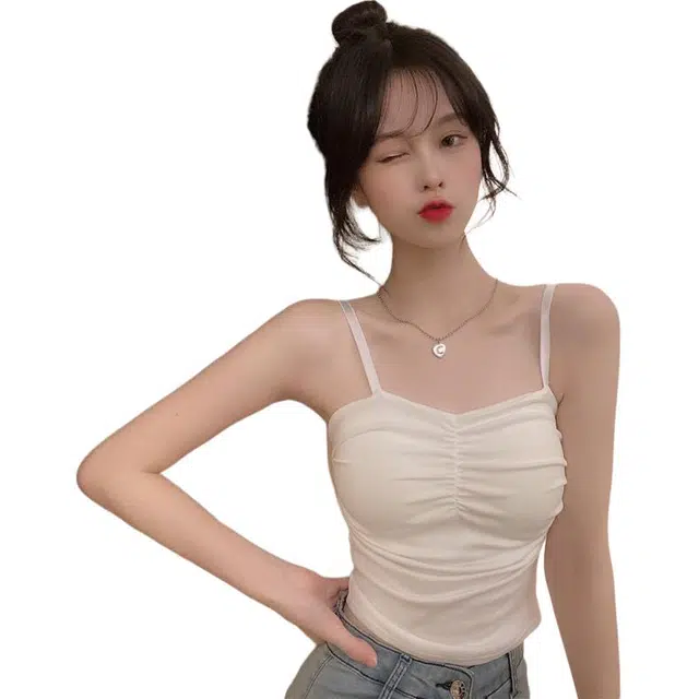 轻迎 纯棉吊带女内搭外穿一体式带胸垫美背设计感小众褶皱打底上衣背心 女款