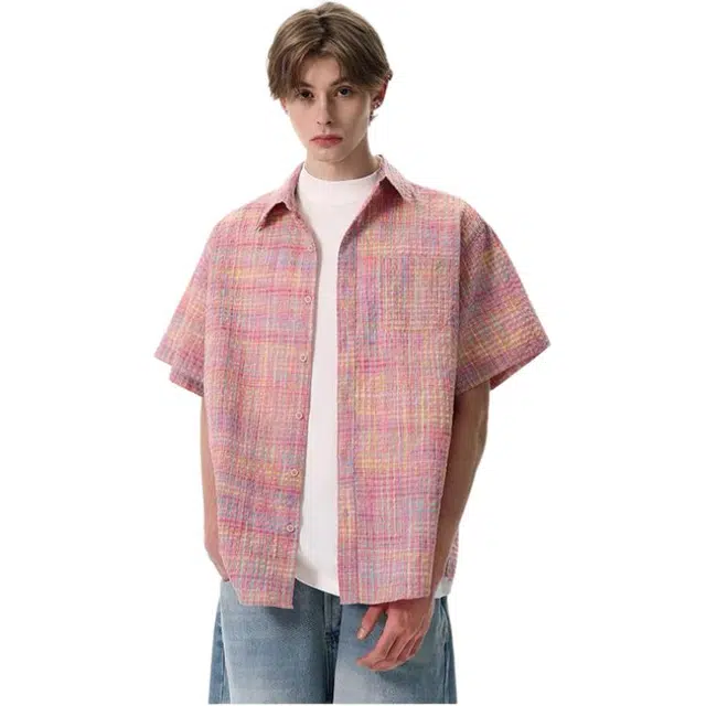 极限涡轮 美式复古格子多巴胺宽松廊形小众短袖衬衫 男女同款