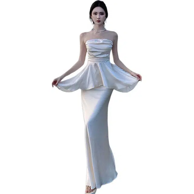 黛尔佳人 法式时尚套装高级感抹胸背裹胸褶皱上衣收腰弹力半身裙无袖连衣裙 女款