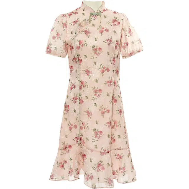 粉红玛琍 气质印花通勤短袖连衣裙 女款