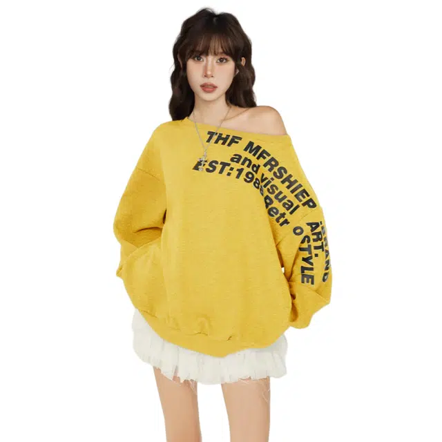 柏黛妃 美式露肩斜肩设计感宽松慵懒风上衣卫衣 女款