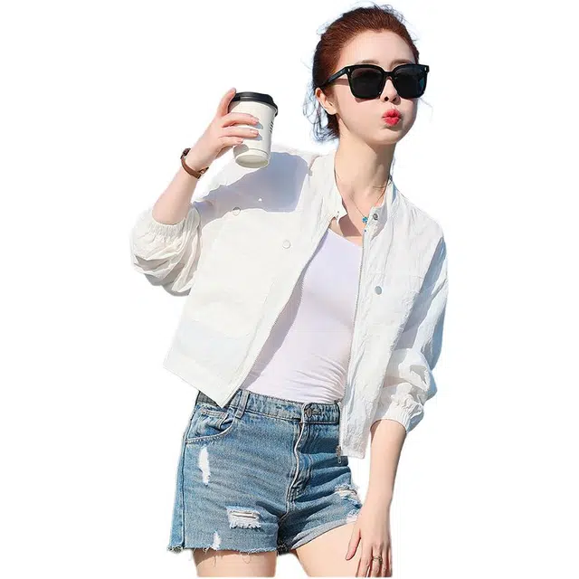 沐晓欣 韩版时尚立领双口袋百搭薄款上衣截短外套 女款