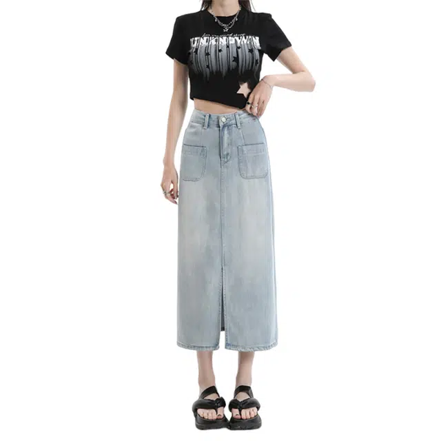 玫丝朵 高腰垂感开叉半身牛仔长裙 女款 复古蓝