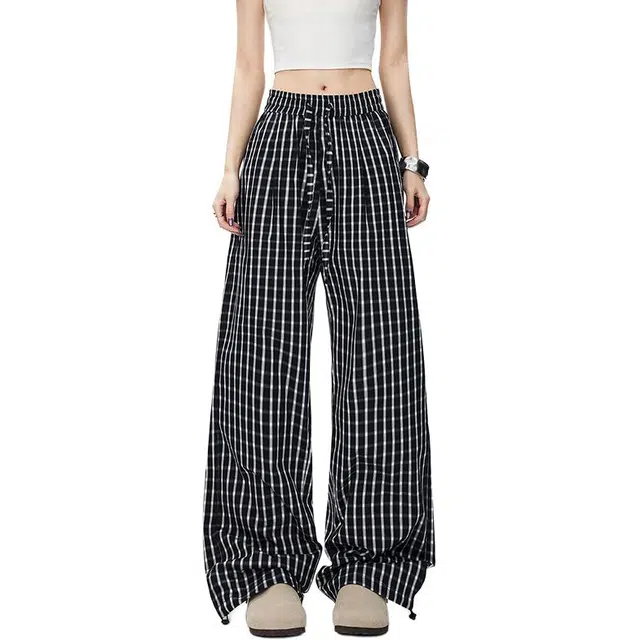 水中花 夏季薄款小格子条纹宽松阔腿裤舒适透气亲肤凉感高腰显瘦百搭直筒裤拖地长裤休闲裤 女款