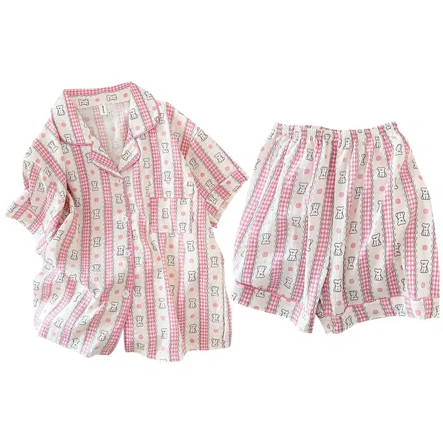 俏韵 翻领夏季卡通条纹云朵棉舒适短袖短裤甜美薄款家居服可外穿睡衣套装 女款