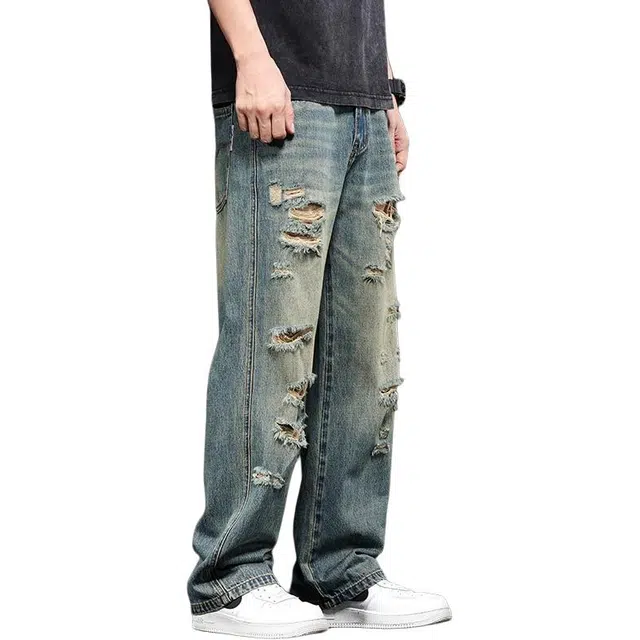 潮人榜 美式高街破洞潮牌百搭宽松直筒炸街痞帅牛仔裤 男女同款