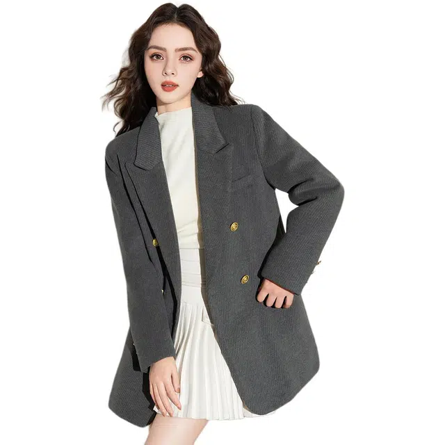 法文箱子 纯色百搭双排扣长袖棉服 女款