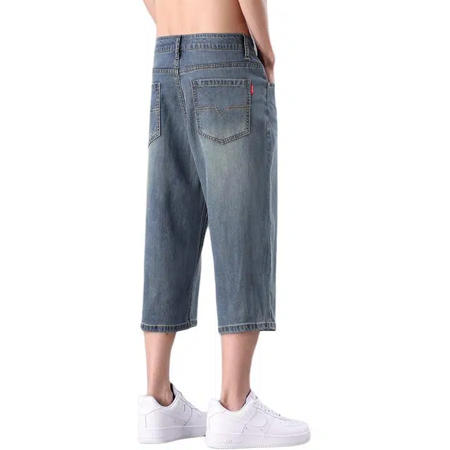 协协乐 凉感透气七分夏季冰丝薄款做旧水洗复古潮流宽松直筒休闲百搭运动牛仔短裤 男款