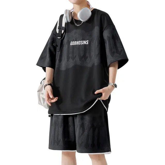 顶峰保罗 冰丝凉感透气速干短袖短裤帅气搭配一套假两件简约宽松百搭高级感舒适休闲运动套装 男女同款