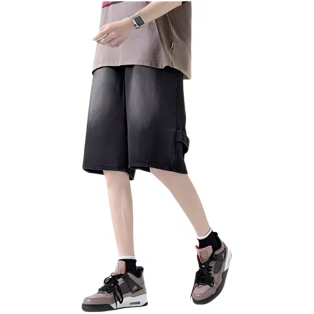 木木兔 美式高街潮牌水洗做旧休闲小众设计感时尚百搭宽松五分裤牛仔短裤 男款