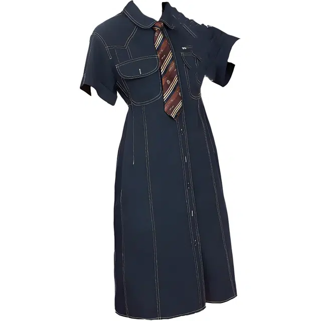 木果果木 夏季 甜酷风翻领纯色宽松时尚百搭短袖连衣裙 收腰 女款