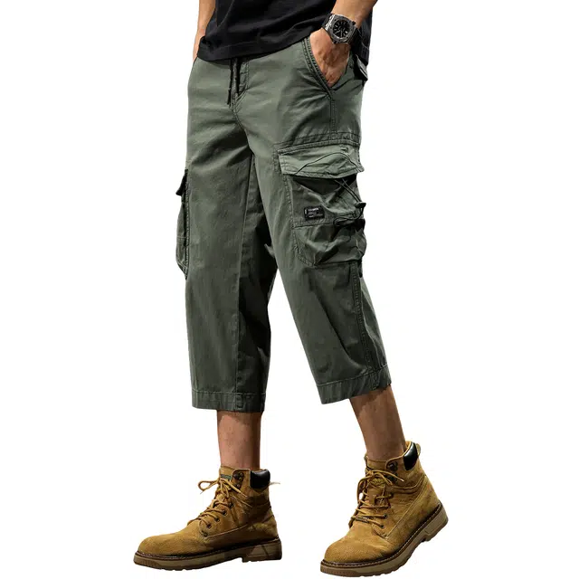 路杰邦 美式复古纯色简约大口袋设计基础款重磅户外机能七分宽松百搭抽绳潮流通勤休闲短裤 男款 军绿色