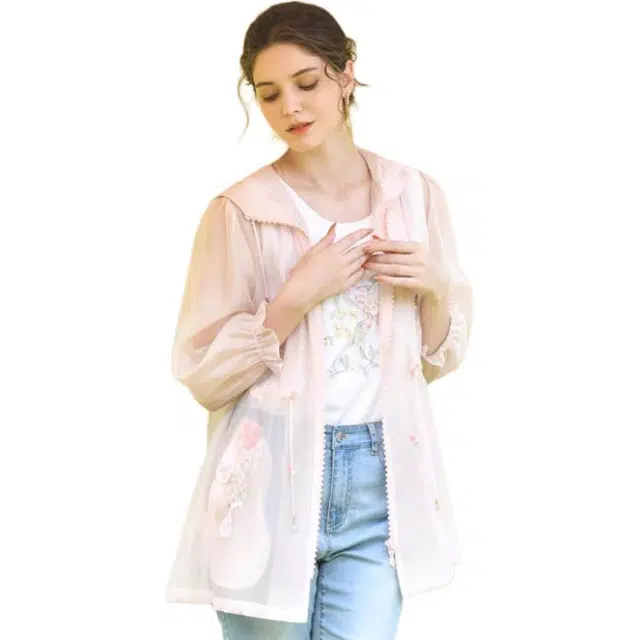 粉红玛琍 简约中长款连帽长袖通勤夹克外套 女款