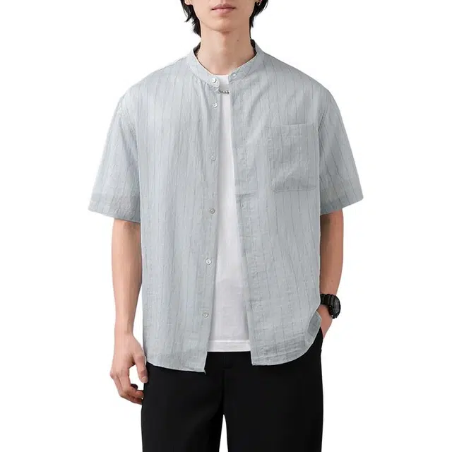 杜克恩 日系透气棉麻条纹立领衬衣夏季轻薄款外套时尚简约高级感宽松休闲短袖衬衫 男款