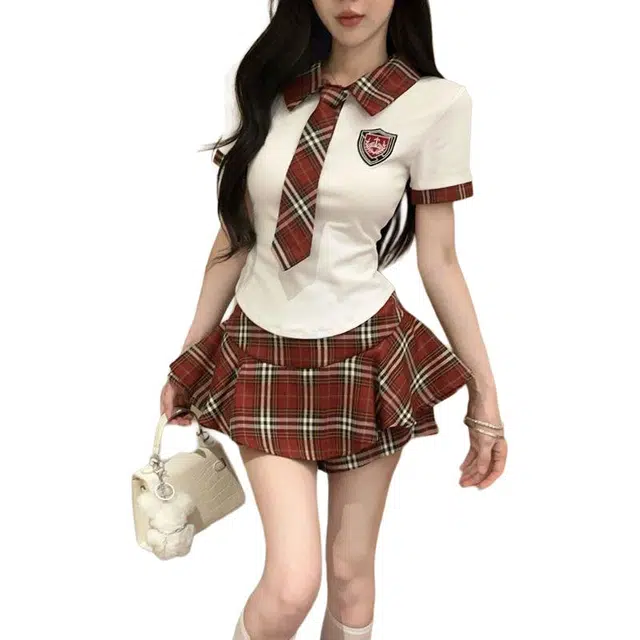 哒头下雨不愁 辣妹制服衬衫高腰格子小个子半身裙裙装套装 女款