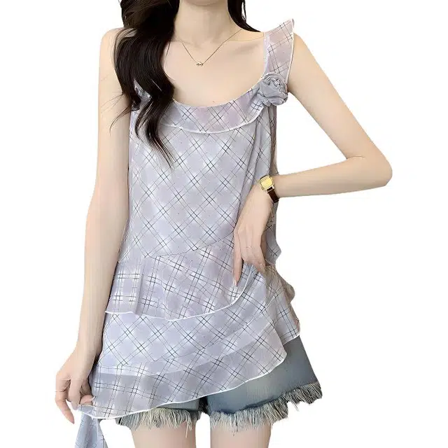 缪斯的诱惑 设计感木耳边小衫雪纺上衣吊带 女款