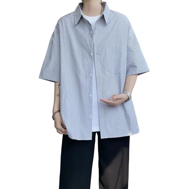 佐菲利 港风宽松条纹中袖外套透气短袖衬衫 男女同款