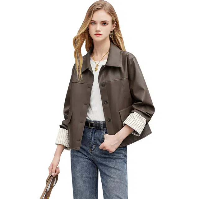 她池 街头美拉德机车宽松单排扣截短外套 女款 深咖色