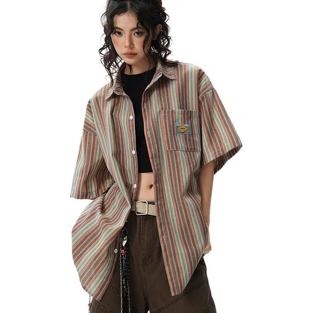 颂希尔 潮牌条纹帅气百搭美式复古学院风宽松短袖衬衫 男女同款