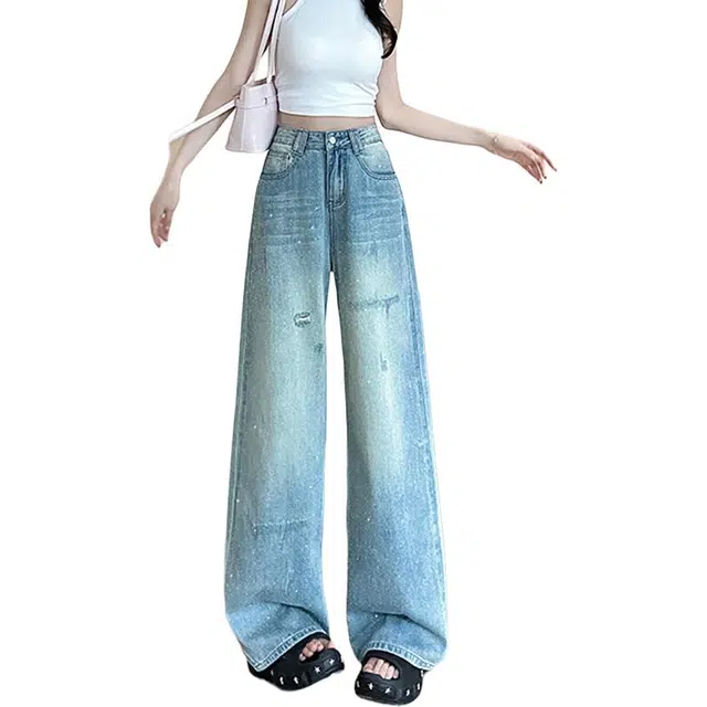 如续 闪粉破洞高腰阔腿小众设计感宽松直筒裤牛仔裤 女款