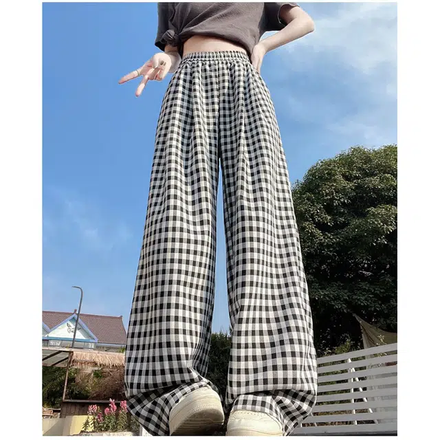 依钗 韩系慵懒透气格子阔腿裤设计感休闲裤 女款