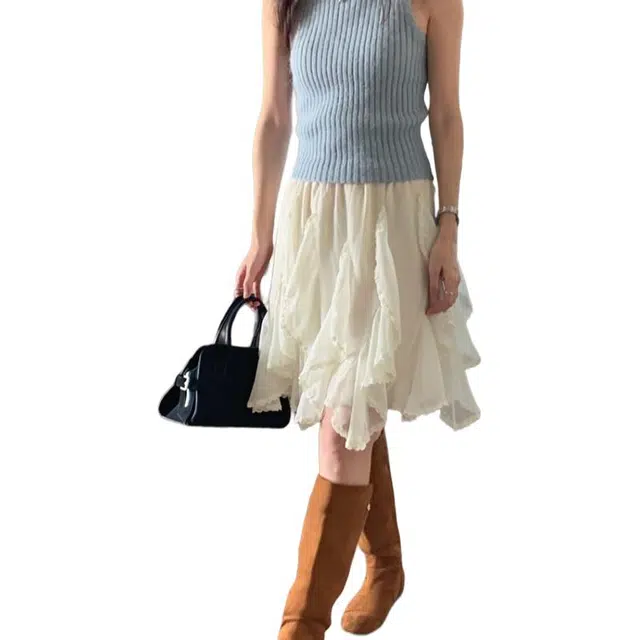 水中花 韩版简约设计甜美公主风高腰显瘦蕾丝拼接百搭不规则下摆休闲短裙 女款