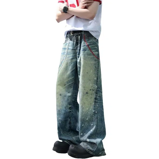 加荣 美式复古水洗做旧水波纹泼墨薄款透气潮牌青少年户外出行百搭宽松休闲高街链条阔腿裤牛仔裤 男女同款