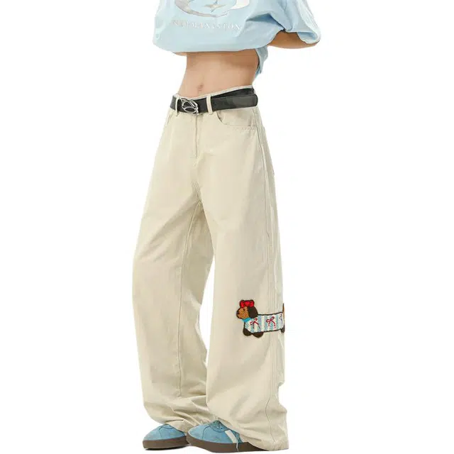 顶峰保罗 美式腊肠小狗刺绣直筒阔腿长裤百搭宽松重磅情侣潮牌凉感透气设计感显瘦显高休闲裤 男女同款