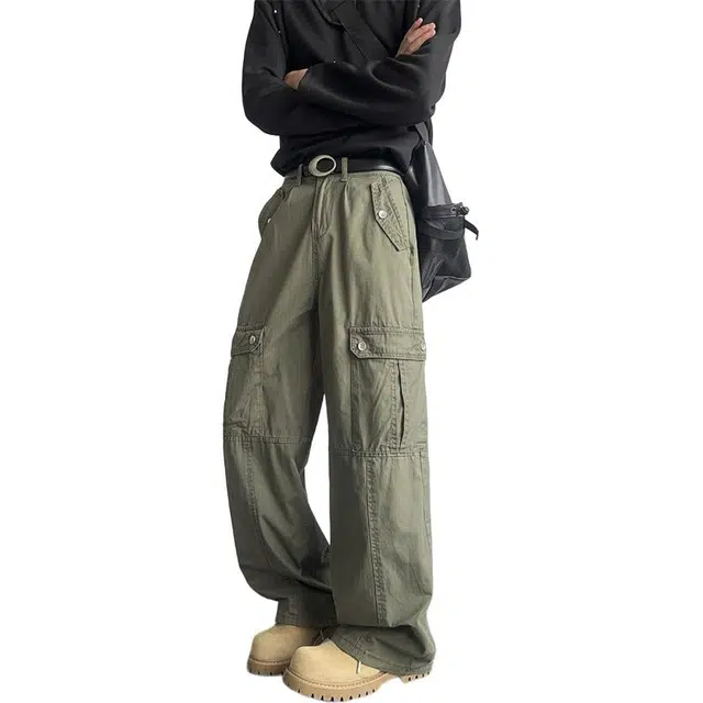 佐菲利 重水洗做旧废土风潮流直筒纯色铆钉设计大口袋工装裤 男女同款