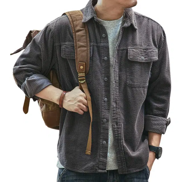 格蓝鹿 基础简约潮牌休闲松弛感复古工装高级感咖啡色灯芯绒版型天花板长袖衬衫 男女同款