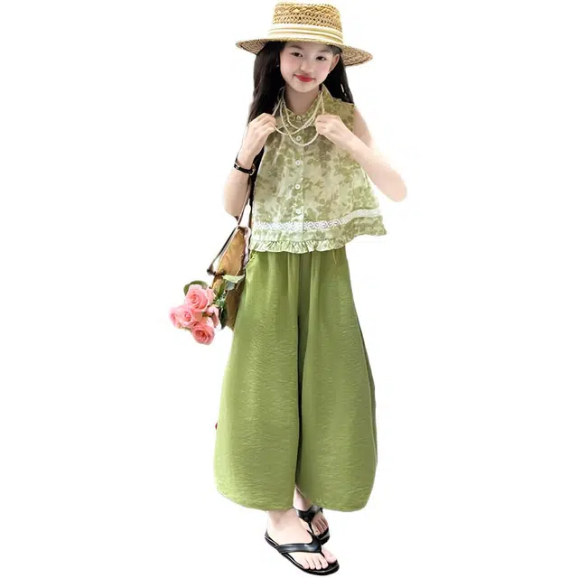 天才小熊休闲运动套装 女童夏季大童潮牌小孩衣服 小女孩碎花衬衣短袖洋气时髦 漂亮 甜美