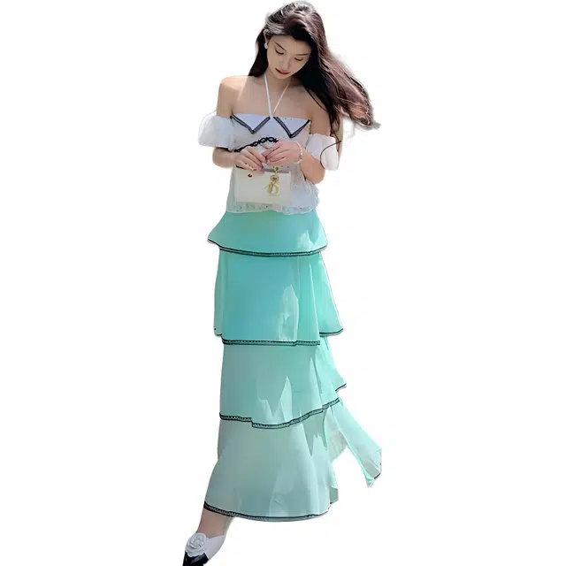 敲模女孩 法式纯欲风波点印花短袖一字肩上衣高腰性感蕾丝蛋糕半身裙度假风裙装套装 女款