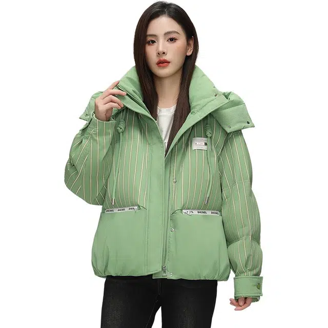 鸭鸭 撞色连帽条纹羽绒服 女款