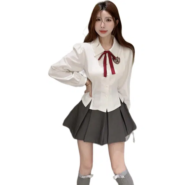 哒头下雨不愁 法式辣妹收腰开叉蝴蝶结长袖衬衫高腰百褶半身裙裙装套装 女款