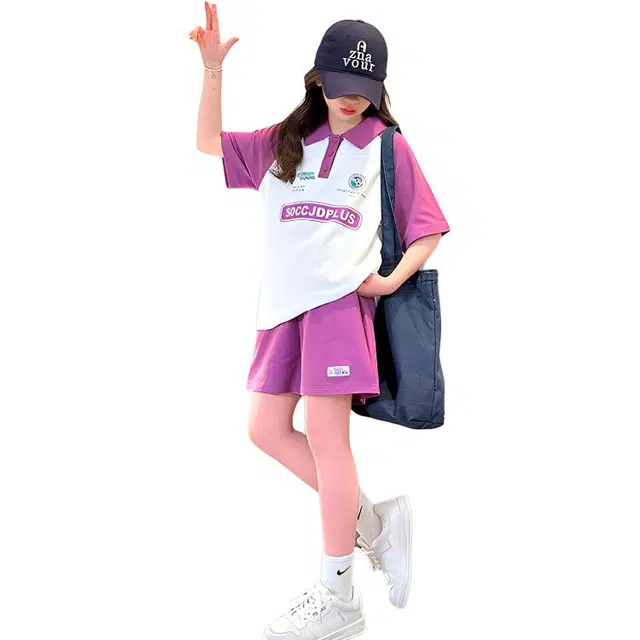 大童 蓝精灵 字母印花套头插肩短袖上衣松紧腰百搭短裤休闲运动套装 粉