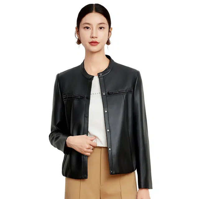 富铤 纯色简约时尚休闲圆领皮衣 女款