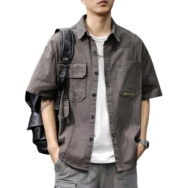 前进牛 美式复古多口袋工装薄款休闲翻领衬衣外套短袖衬衫 男女同款