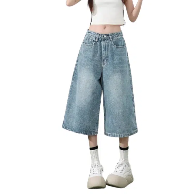 木清清 大码七分裤薄款宽松高腰直筒牛仔短裤 女款