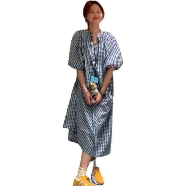 黛尔佳人 法式复古蓝色格纹子女装夏季气质收腰显瘦长裙短袖连衣裙 女款