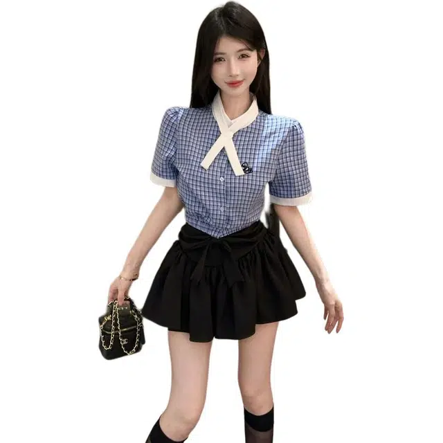 沐晓欣 韩版学院风设计感格子衬衫短蓬蓬裙两件套裙装套装 女款